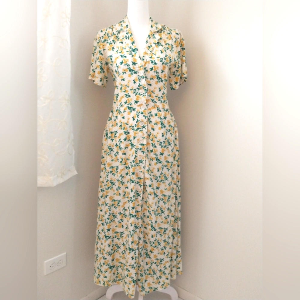 Urban Outfitters Floral Button-Down Midi Dress - Yellow and Green
